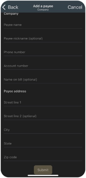 Banno bill pay payee information